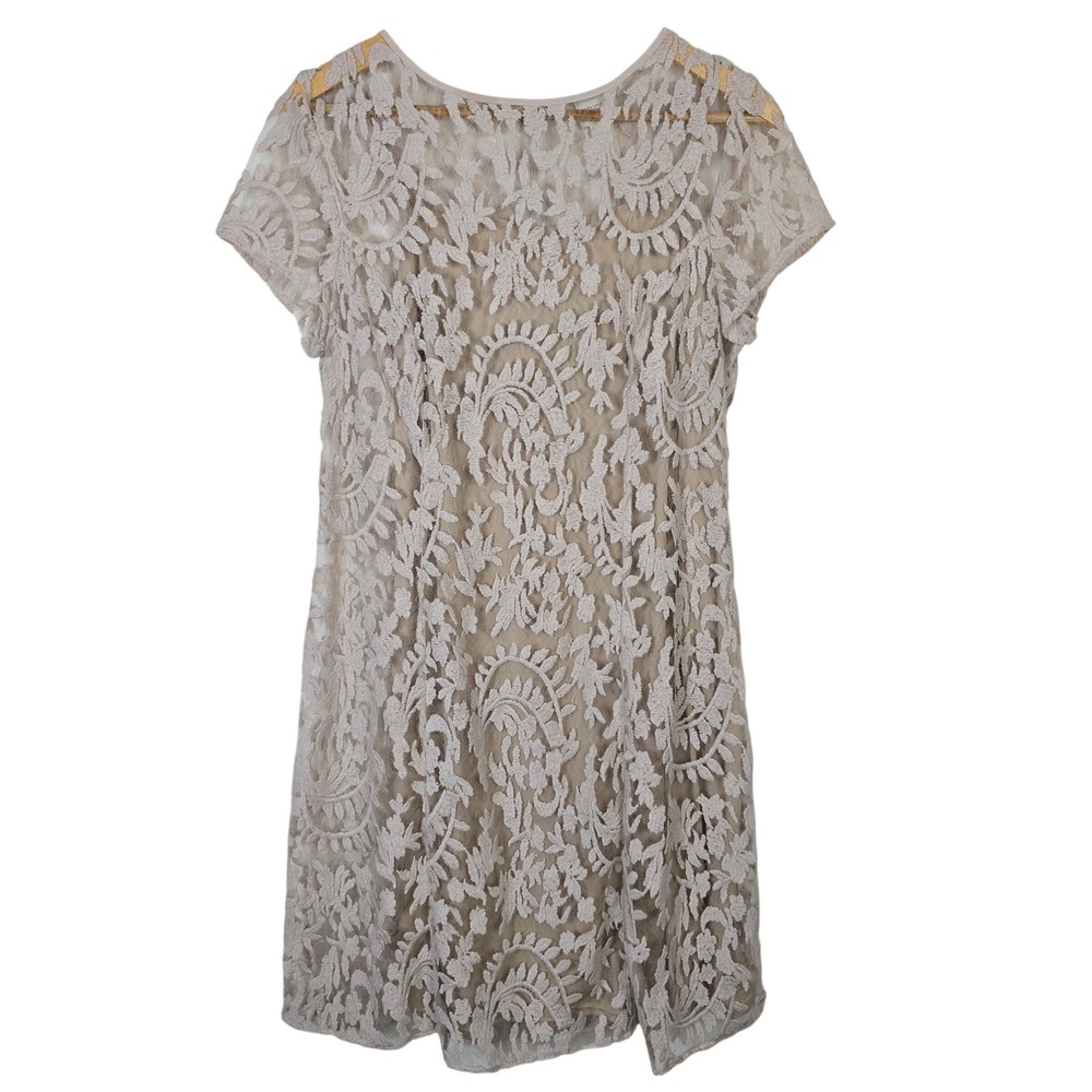 Chico's Beige Floral Embroidered Lace Shift Dress Size 1.5 Petite Short Sleeve